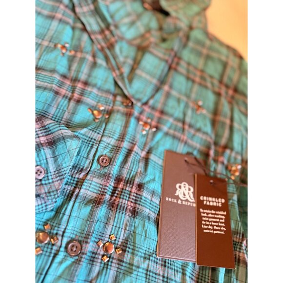 NWT Rock & Republic Womens Crinkled green  Plaid Shirt With Studded Details Butt - Picture 2 of 8